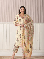 Yufta Cream Cotton Cutdana Work Plus Size Kurta Set With Pant & Dupatta - Distacart