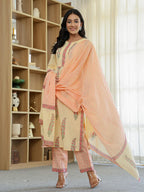 Yufta Cream Cotton Straight Ethnic Motifs Kurta Dupatta Set - Distacart