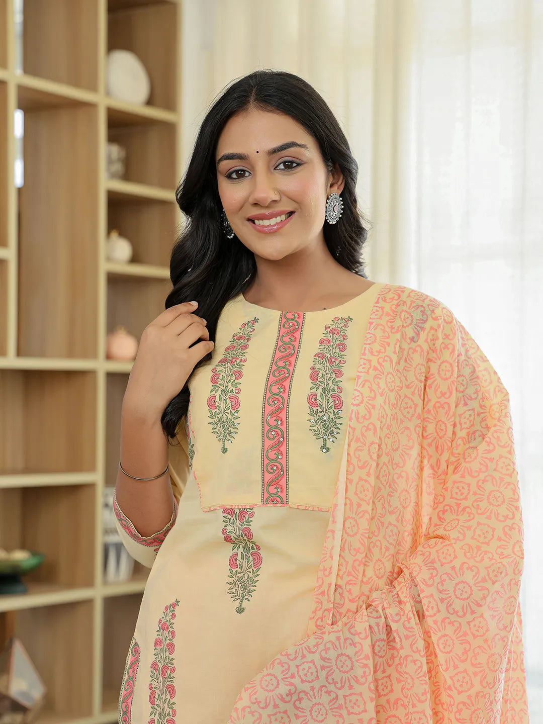 Yufta Cream Cotton Straight Ethnic Motifs Kurta Dupatta Set - Distacart