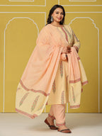 Yufta Cream Cotton Straight Plus Size Kurta Set - Distacart