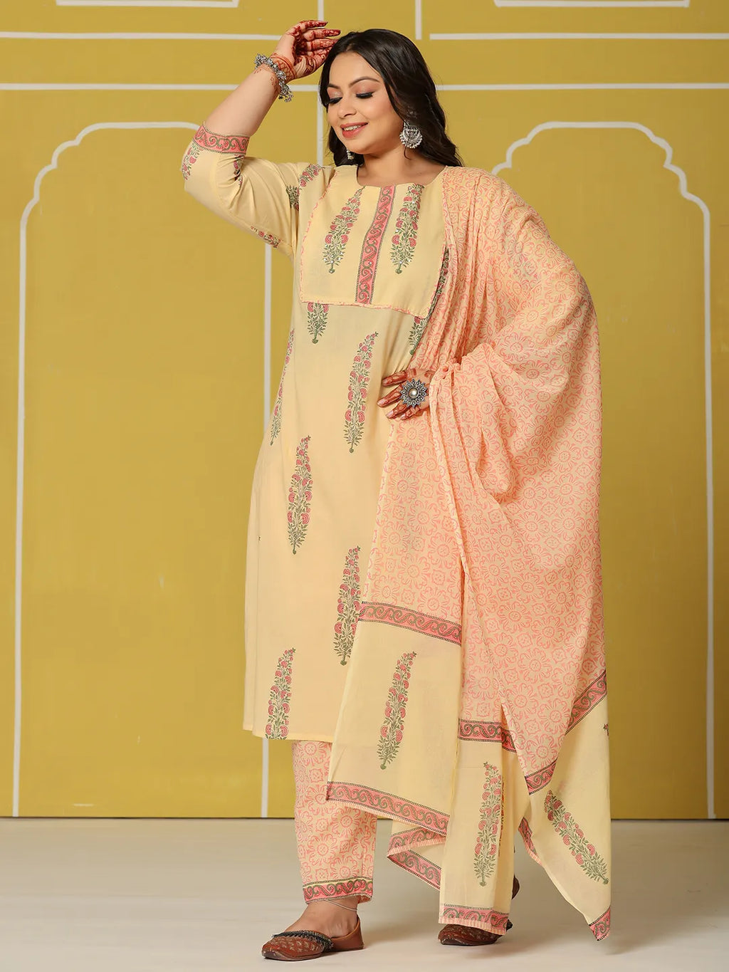 Yufta Cream Cotton Straight Plus Size Kurta Set - Distacart
