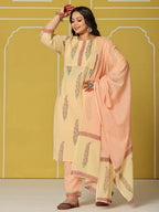 Yufta Cream Cotton Straight Plus Size Kurta Set - Distacart