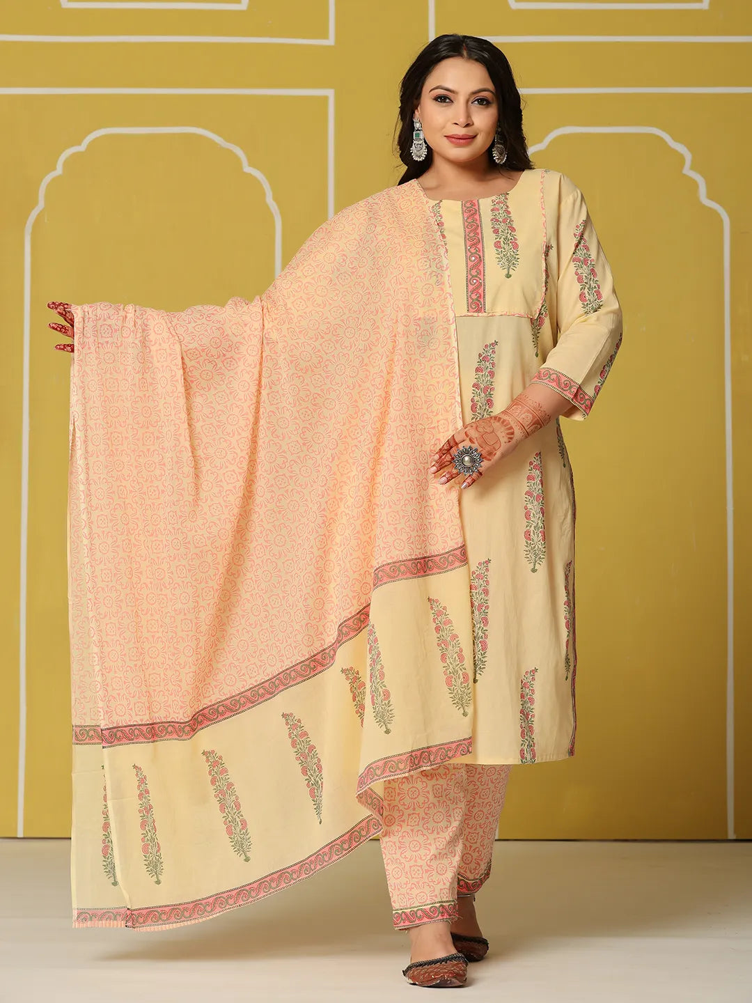 Yufta Cream Cotton Straight Plus Size Kurta Set - Distacart