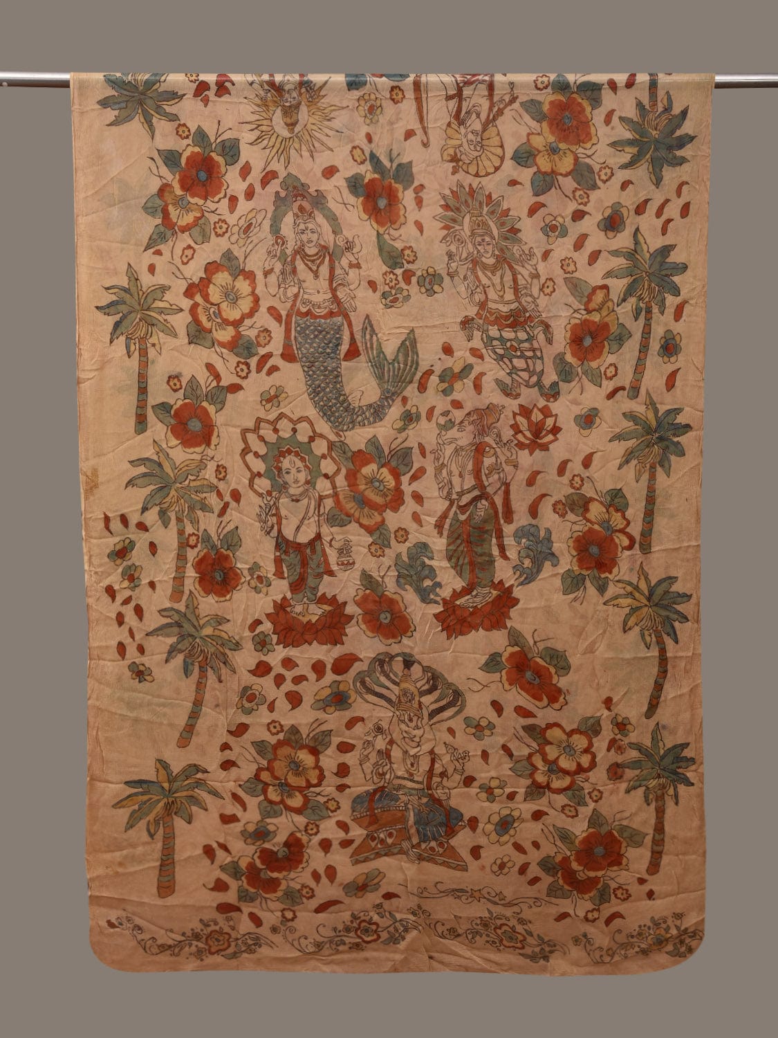 Cream Kalamkari Hand Painted Chiffon Dupatta with Dashavatar Design - Global Threads