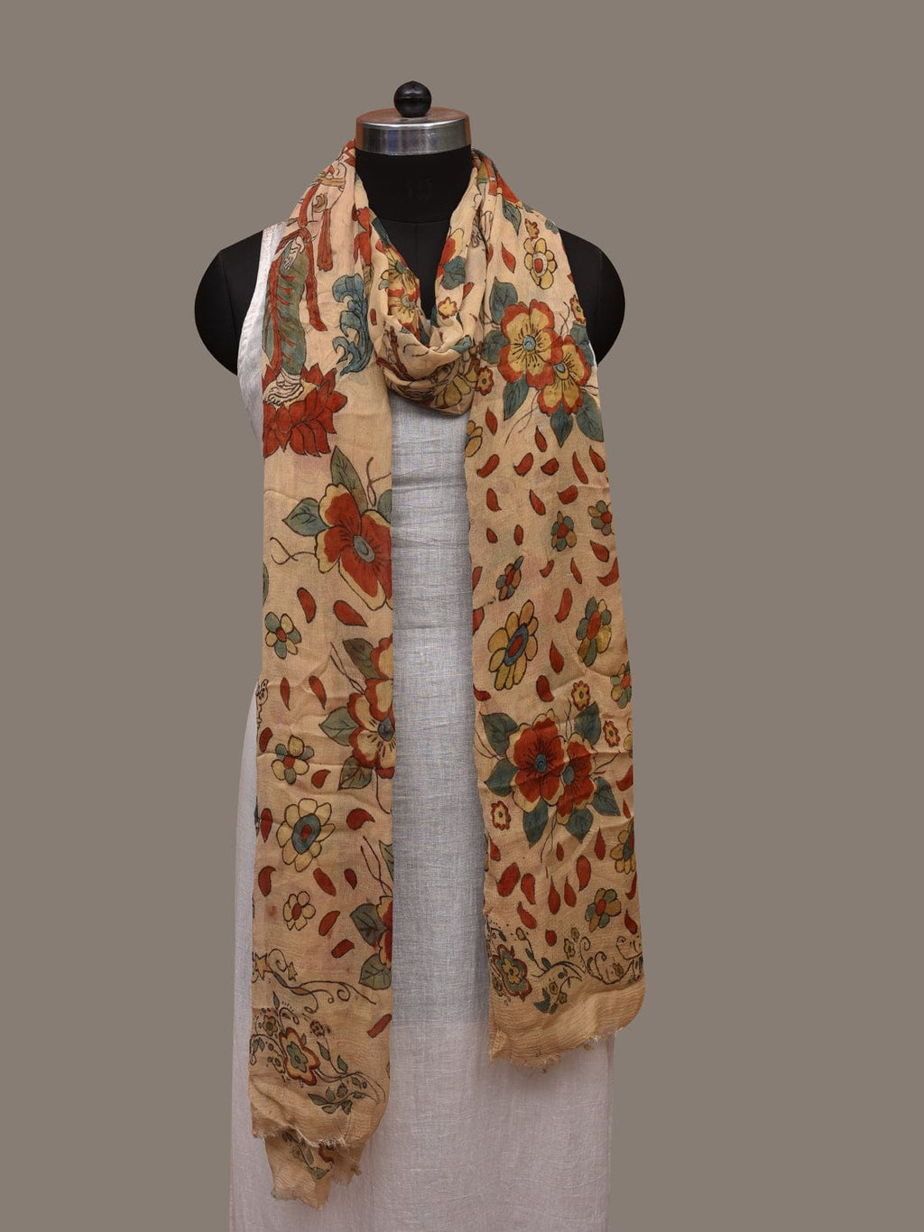 Cream Kalamkari Hand Painted Chiffon Dupatta with Dashavatar Design - Global Threads