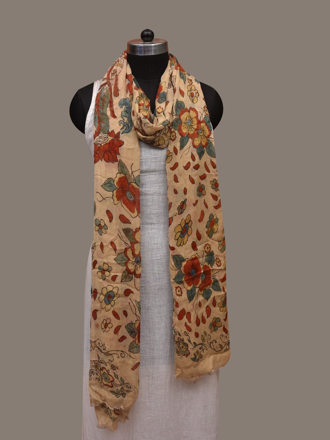 Cream Kalamkari Hand Painted Chiffon Dupatta with Dashavatar Design - Global Threads