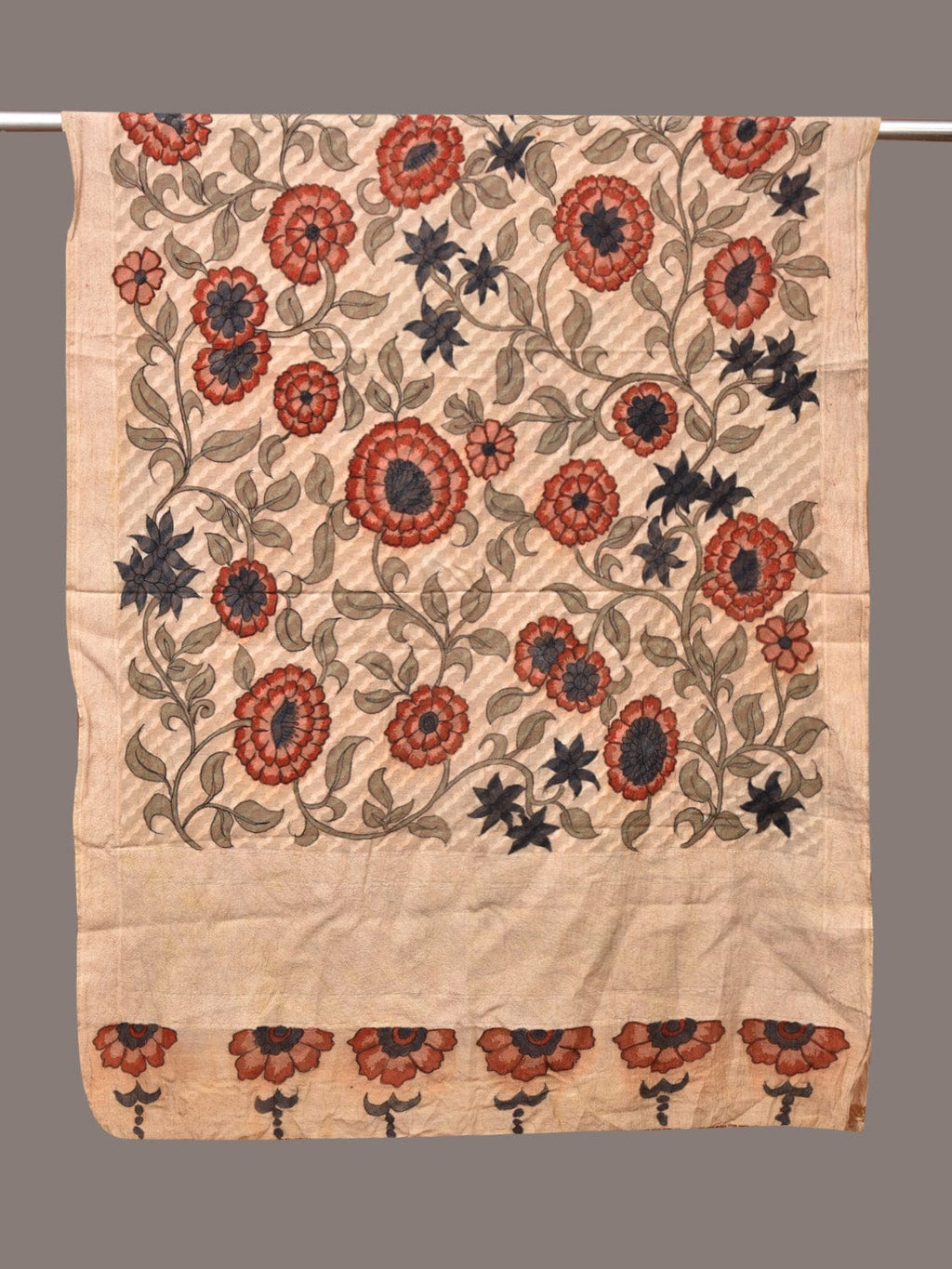 Cream Kalamkari Hand Painted Cotton Silk Dupatta with Floral Design - Global Threads
