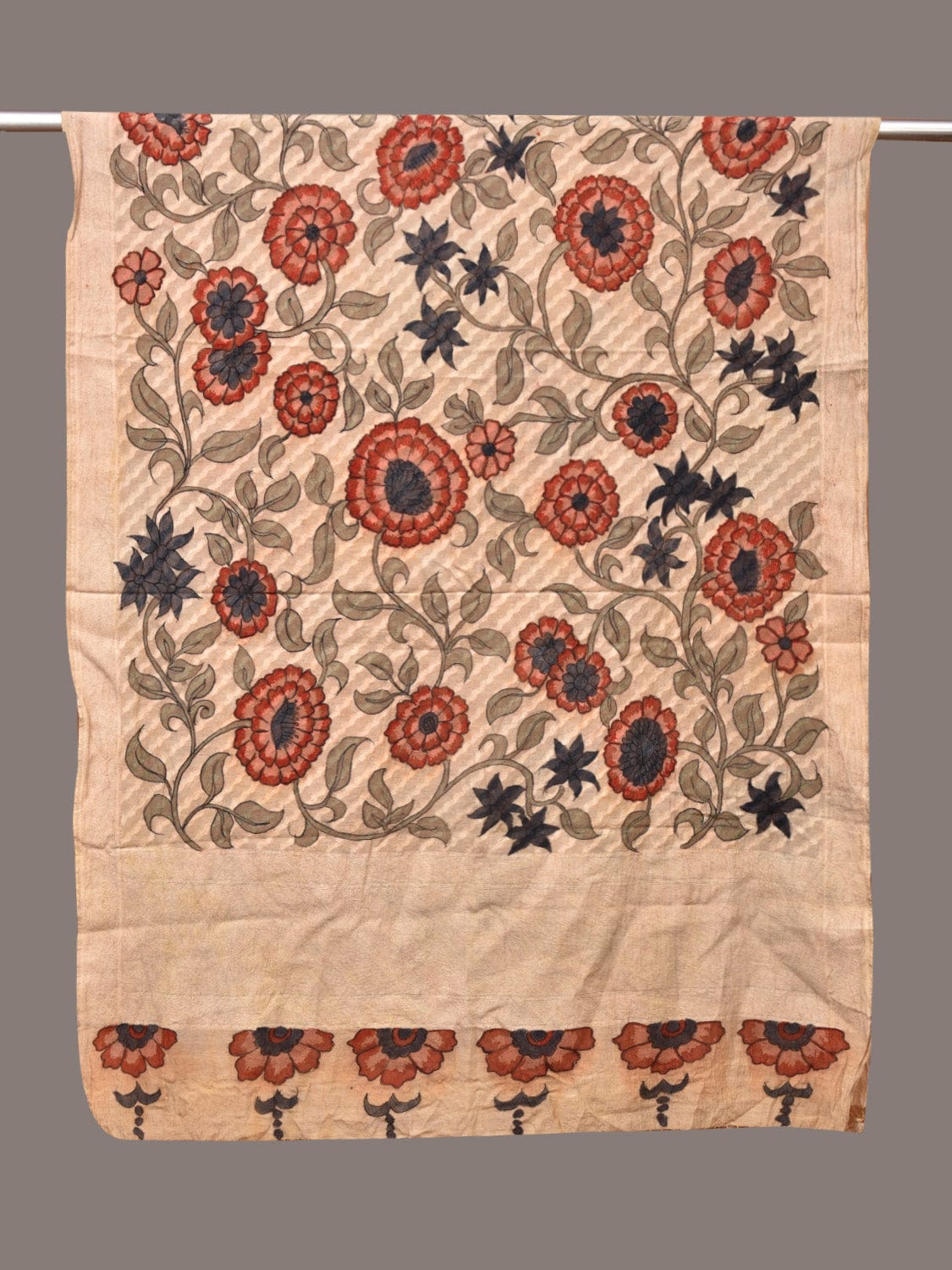 Cream Kalamkari Hand Painted Cotton Silk Dupatta with Floral Design - Global Threads