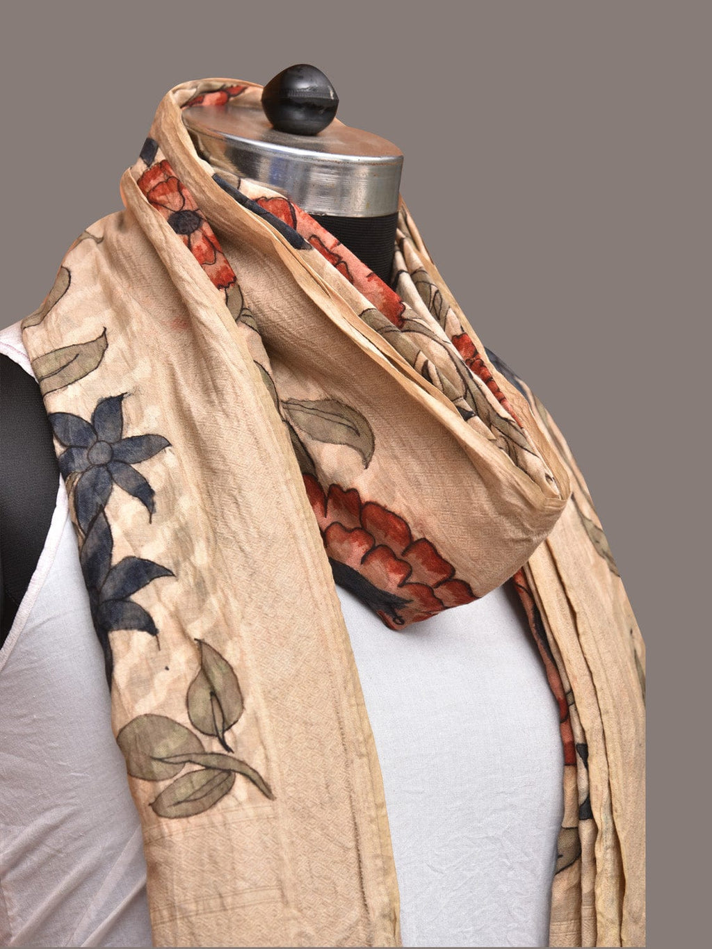 Cream Kalamkari Hand Painted Cotton Silk Dupatta with Floral Design - Global Threads