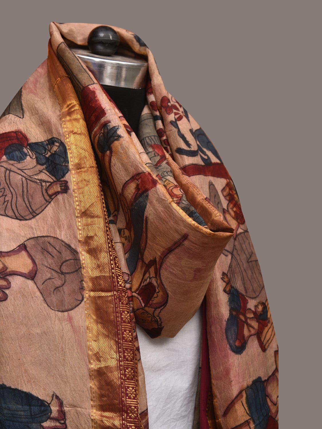 Cream Kalamkari Hand Painted Kanchipuram Silk Handloom Dupatta with Ajanta Design - Global Threads