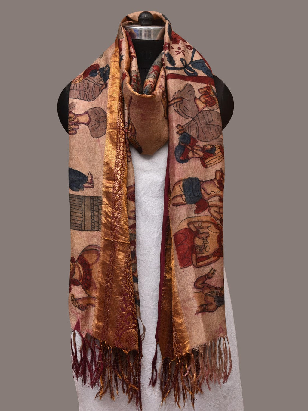Cream Kalamkari Hand Painted Kanchipuram Silk Handloom Dupatta with Ajanta Design - Global Threads