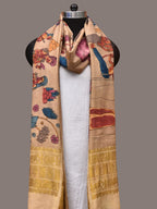 Cream Kalamkari Hand Painted Kanchipuram Silk Handloom Dupatta with Ajanta Design - Global Threads