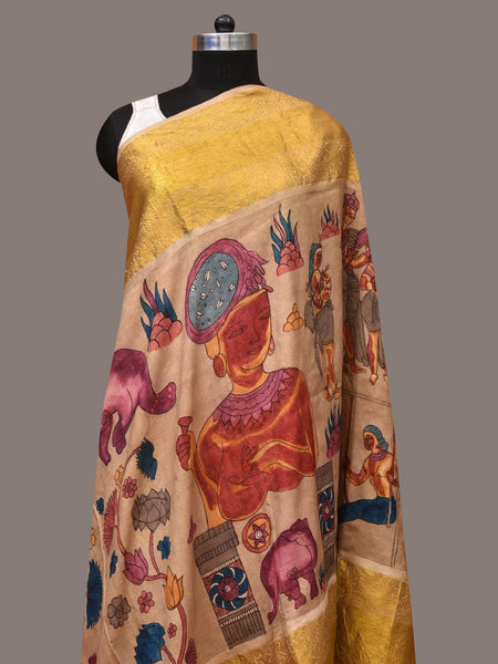 Cream Kalamkari Hand Painted Kanchipuram Silk Handloom Dupatta with Ajanta Design - Global Threads