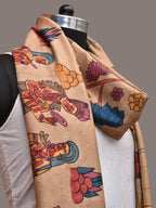 Cream Kalamkari Hand Painted Kanchipuram Silk Handloom Dupatta with Ajanta Design - Global Threads