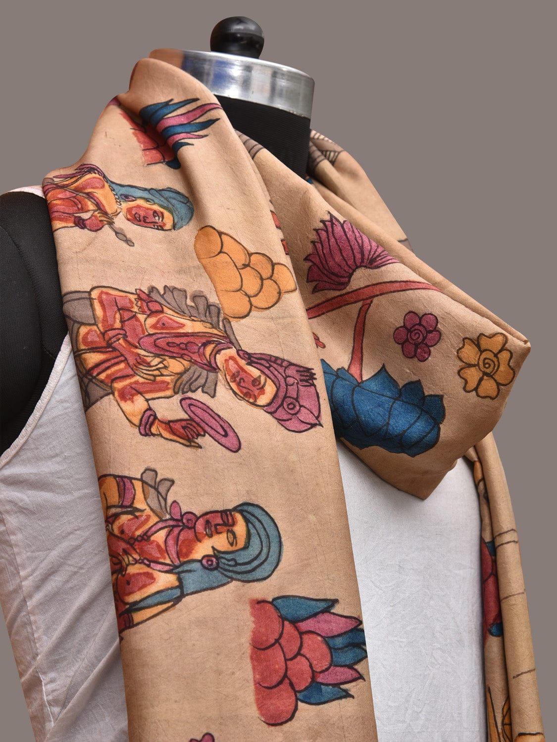 Cream Kalamkari Hand Painted Kanchipuram Silk Handloom Dupatta with Ajanta Design - Global Threads