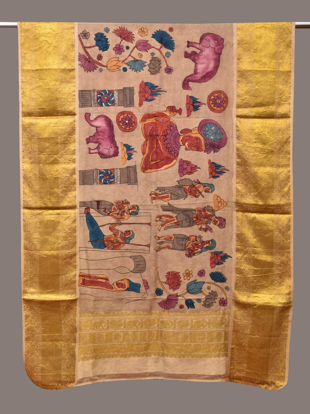 Cream Kalamkari Hand Painted Kanchipuram Silk Handloom Dupatta with Ajanta Design - Global Threads