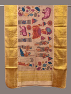 Cream Kalamkari Hand Painted Kanchipuram Silk Handloom Dupatta with Ajanta Design - Global Threads