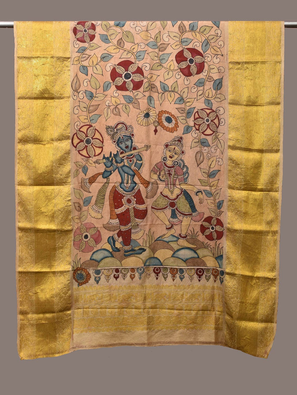 Cream Kalamkari Hand Painted Kanchipuram Silk Handloom Dupatta with Krishna and Radha Design - Global Threads