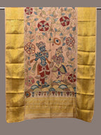 Cream Kalamkari Hand Painted Kanchipuram Silk Handloom Dupatta with Krishna and Radha Design - Global Threads