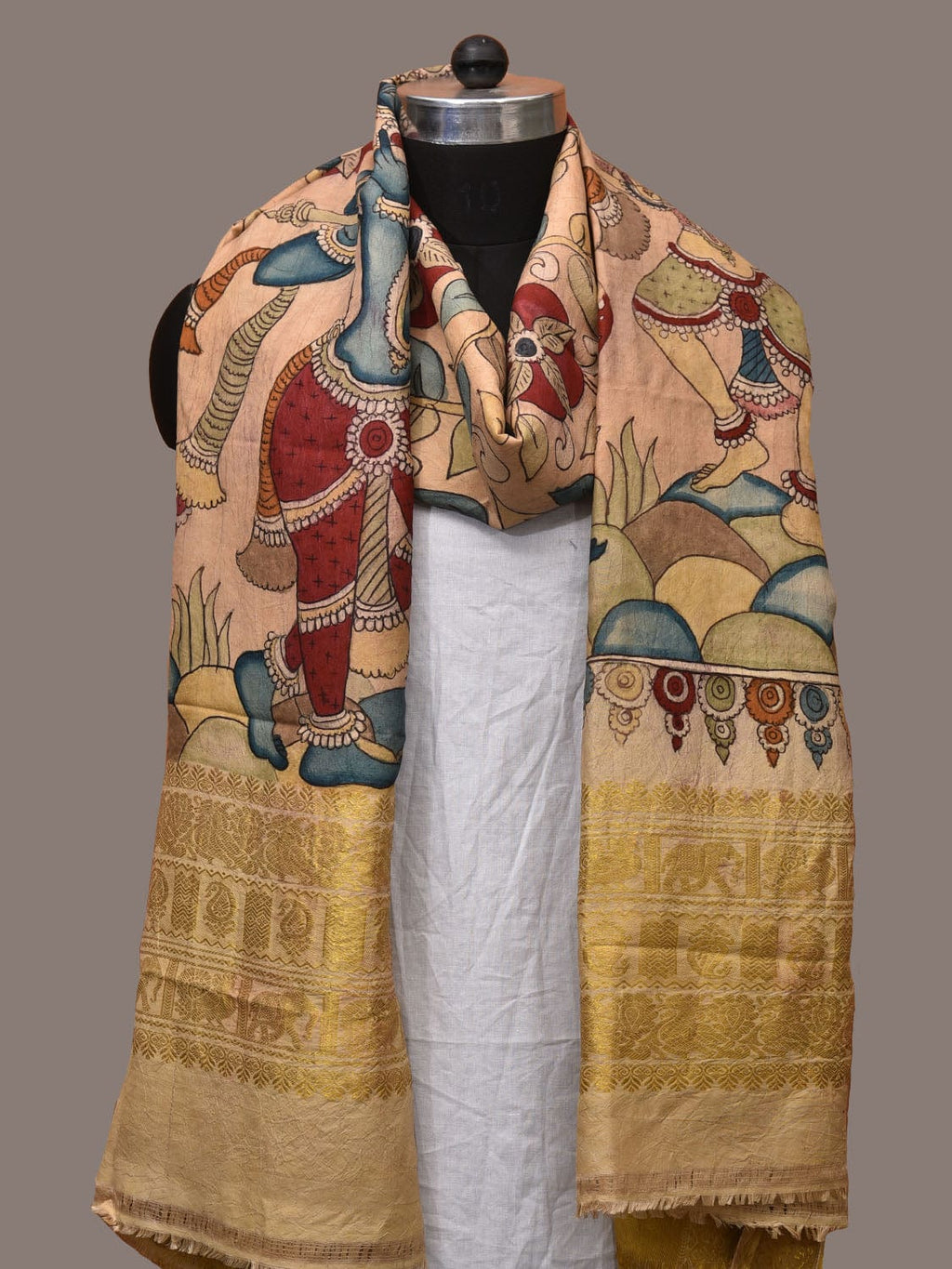 Cream Kalamkari Hand Painted Kanchipuram Silk Handloom Dupatta with Krishna and Radha Design - Global Threads