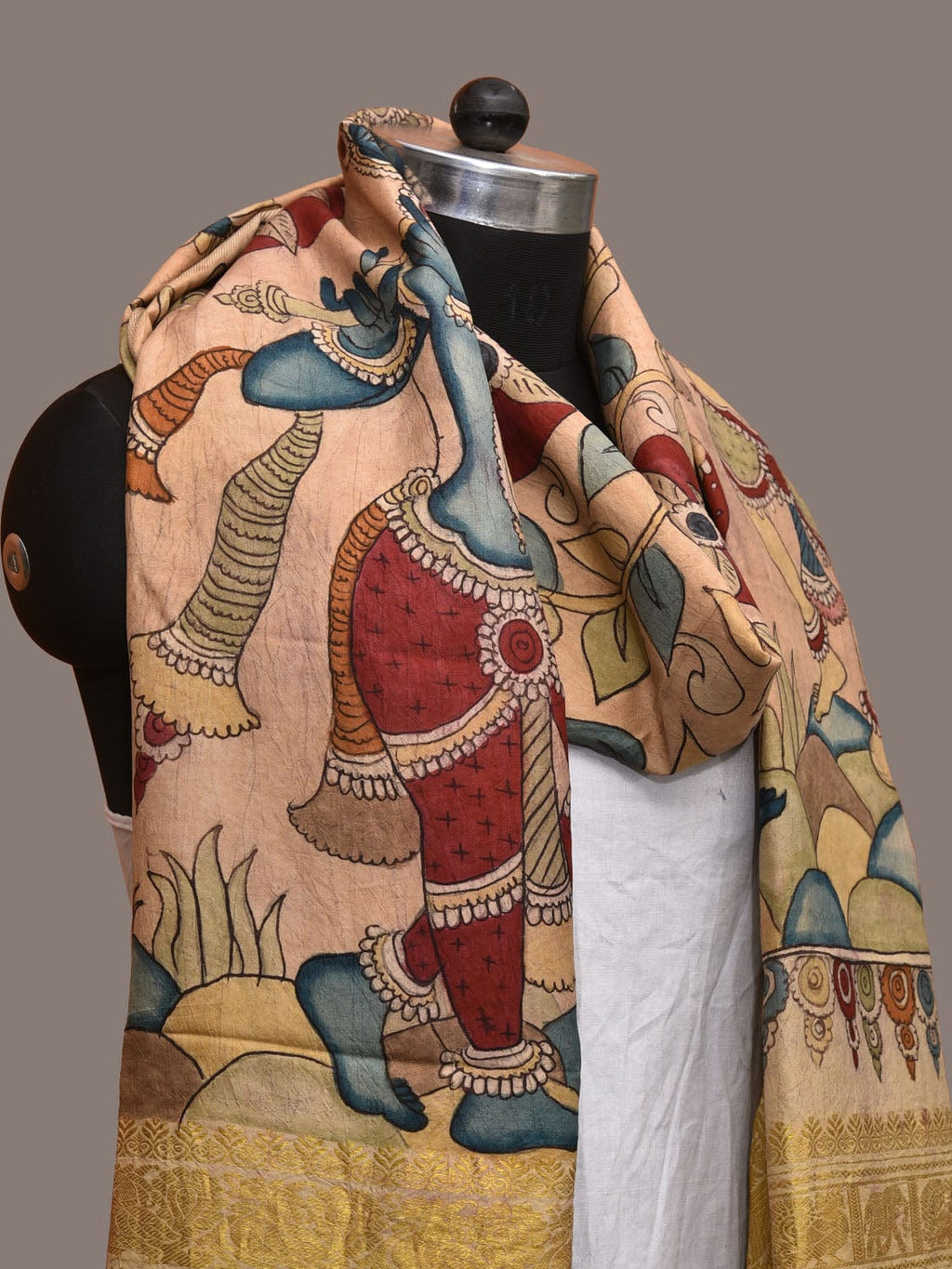 Cream Kalamkari Hand Painted Kanchipuram Silk Handloom Dupatta with Krishna and Radha Design - Global Threads