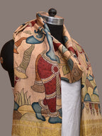 Cream Kalamkari Hand Painted Kanchipuram Silk Handloom Dupatta with Krishna and Radha Design - Global Threads