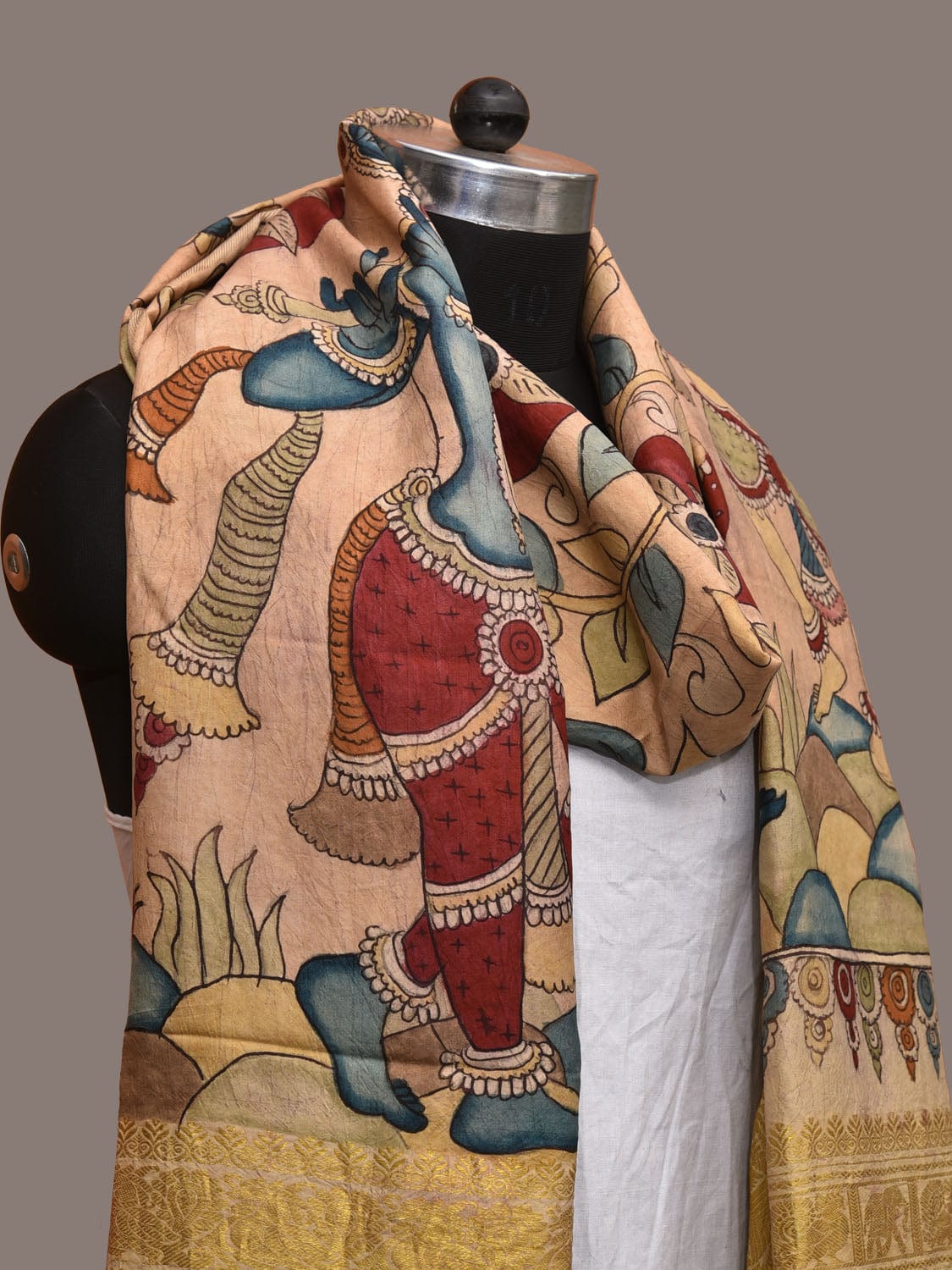 Cream Kalamkari Hand Painted Kanchipuram Silk Handloom Dupatta with Krishna and Radha Design - Global Threads