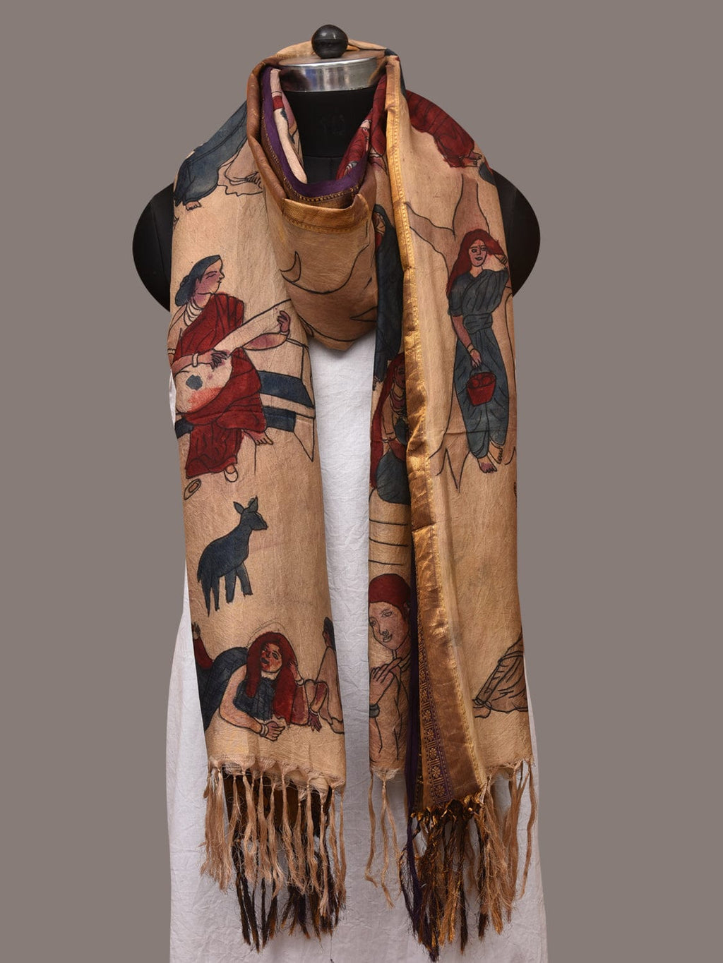 Cream Kalamkari Hand Painted Kanchipuram Silk Handloom Dupatta with Painting Design - Global Threads