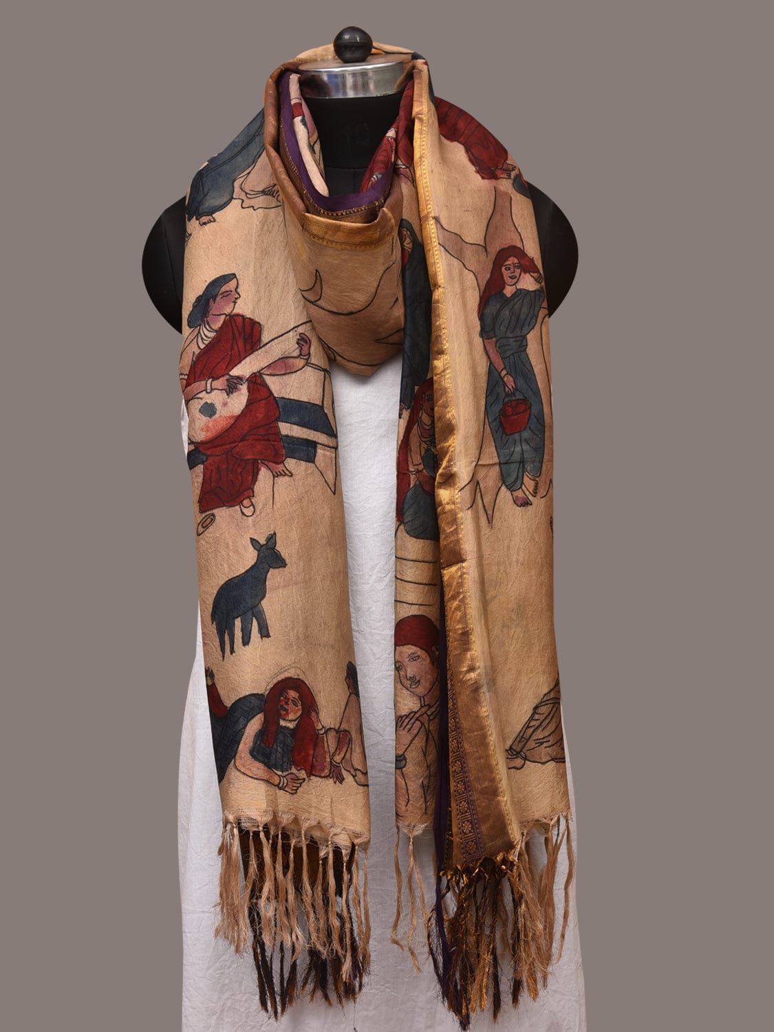 Cream Kalamkari Hand Painted Kanchipuram Silk Handloom Dupatta with Painting Design - Global Threads