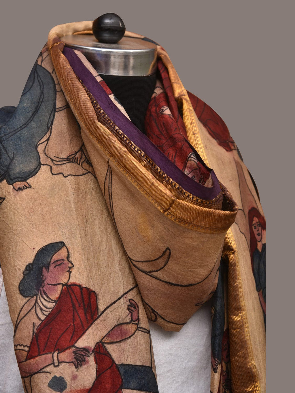 Cream Kalamkari Hand Painted Kanchipuram Silk Handloom Dupatta with Painting Design - Global Threads