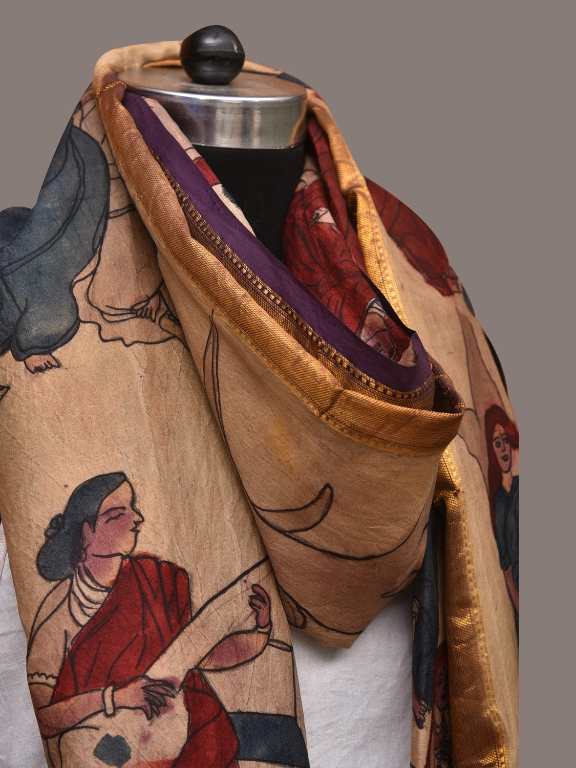 Cream Kalamkari Hand Painted Kanchipuram Silk Handloom Dupatta with Painting Design - Global Threads