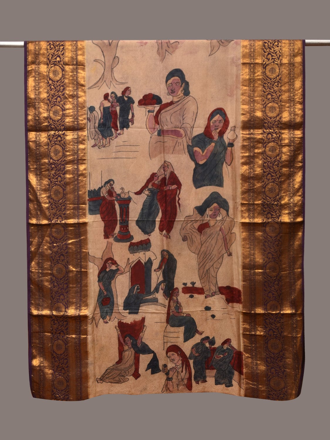 Cream Kalamkari Hand Painted Kanchipuram Silk Handloom Dupatta with Painting Design - Global Threads