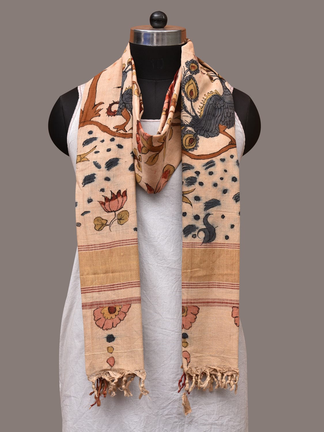 Cream Kalamkari Hand Painted Khadi Cotton Handloom Dupatta with Tree of Life Design - Global Threads