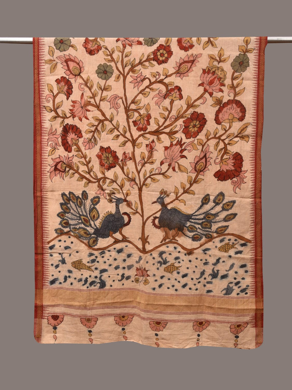 Cream Kalamkari Hand Painted Khadi Cotton Handloom Dupatta with Tree of Life Design - Global Threads