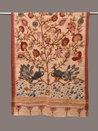 Cream Kalamkari Hand Painted Khadi Cotton Handloom Dupatta with Tree of Life Design - Global Threads