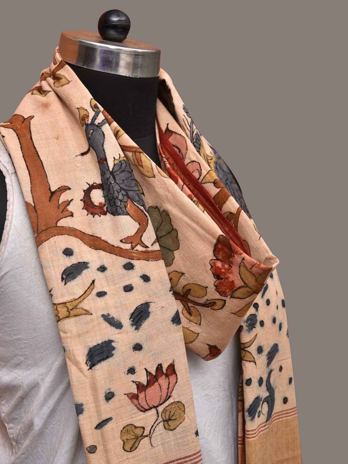 Cream Kalamkari Hand Painted Khadi Cotton Handloom Dupatta with Tree of Life Design - Global Threads