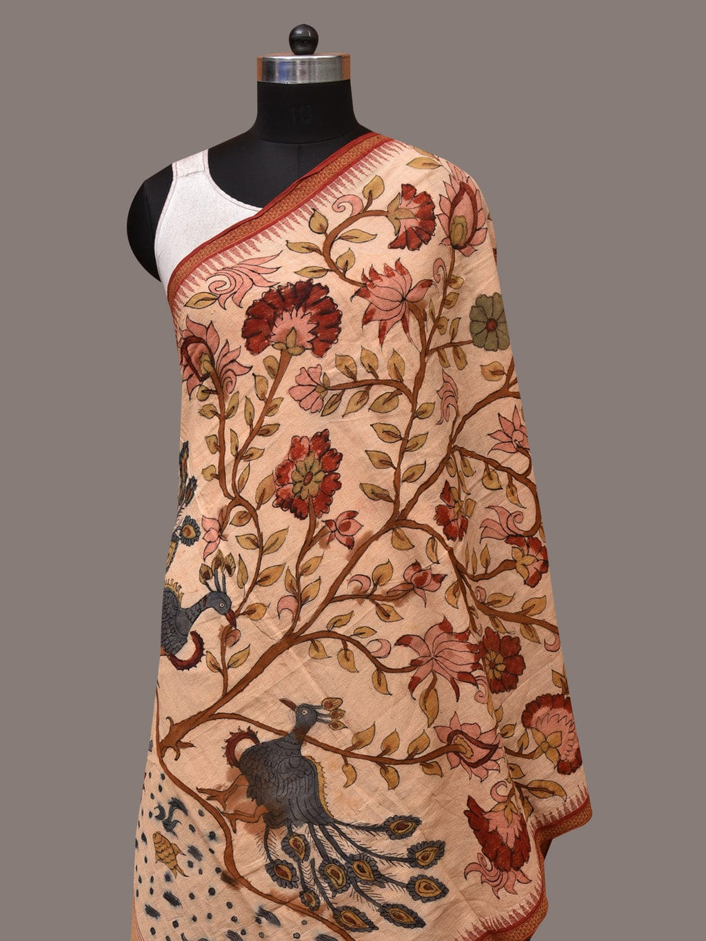Cream Kalamkari Hand Painted Khadi Cotton Handloom Dupatta with Tree of Life Design - Global Threads