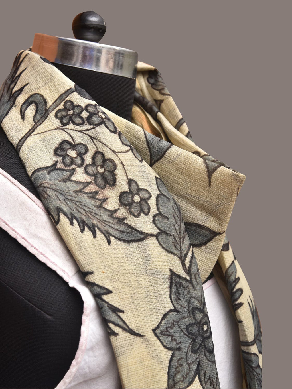 Cream Kalamkari Hand Painted Kota Silk Dupatta with Floral and Birds Design - Global Threads