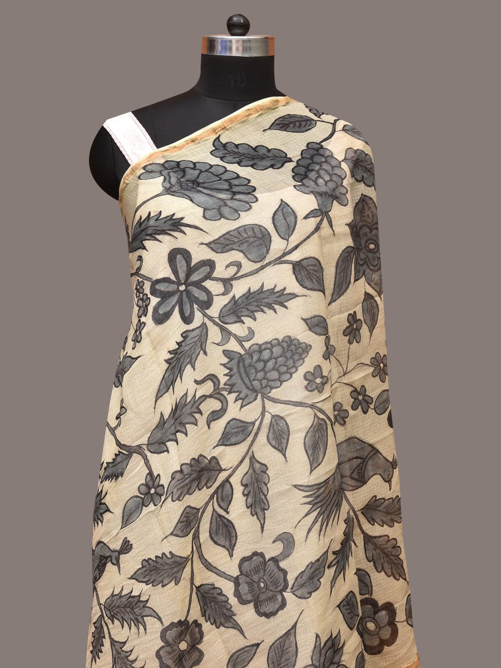 Cream Kalamkari Hand Painted Kota Silk Dupatta with Floral and Birds Design - Global Threads