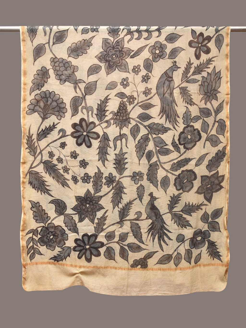 Cream Kalamkari Hand Painted Kota Silk Dupatta with Floral and Birds Design - Global Threads