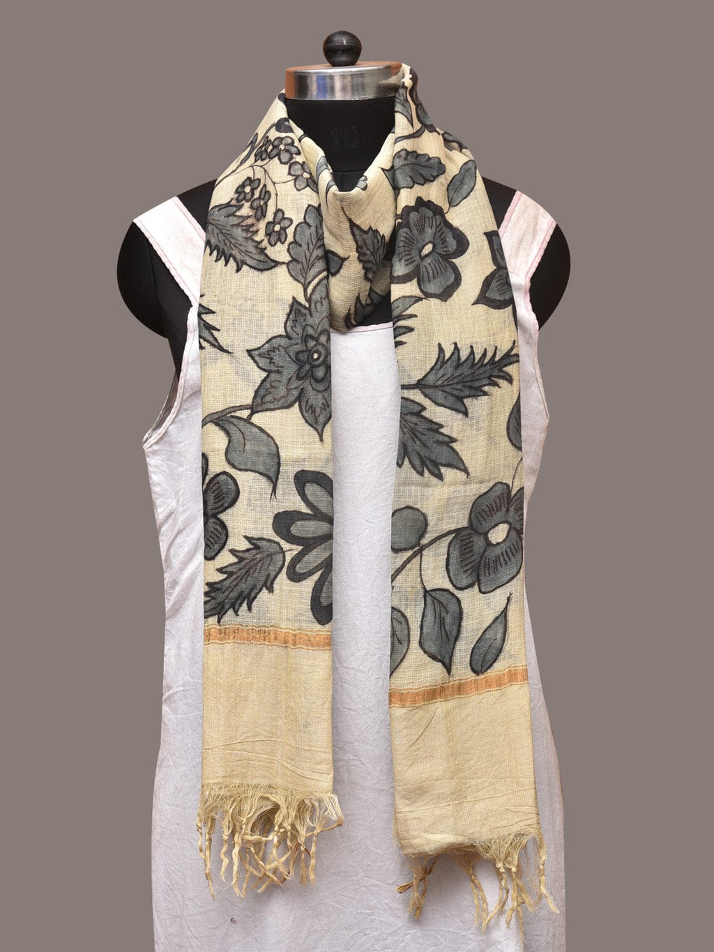 Cream Kalamkari Hand Painted Kota Silk Dupatta with Floral and Birds Design - Global Threads
