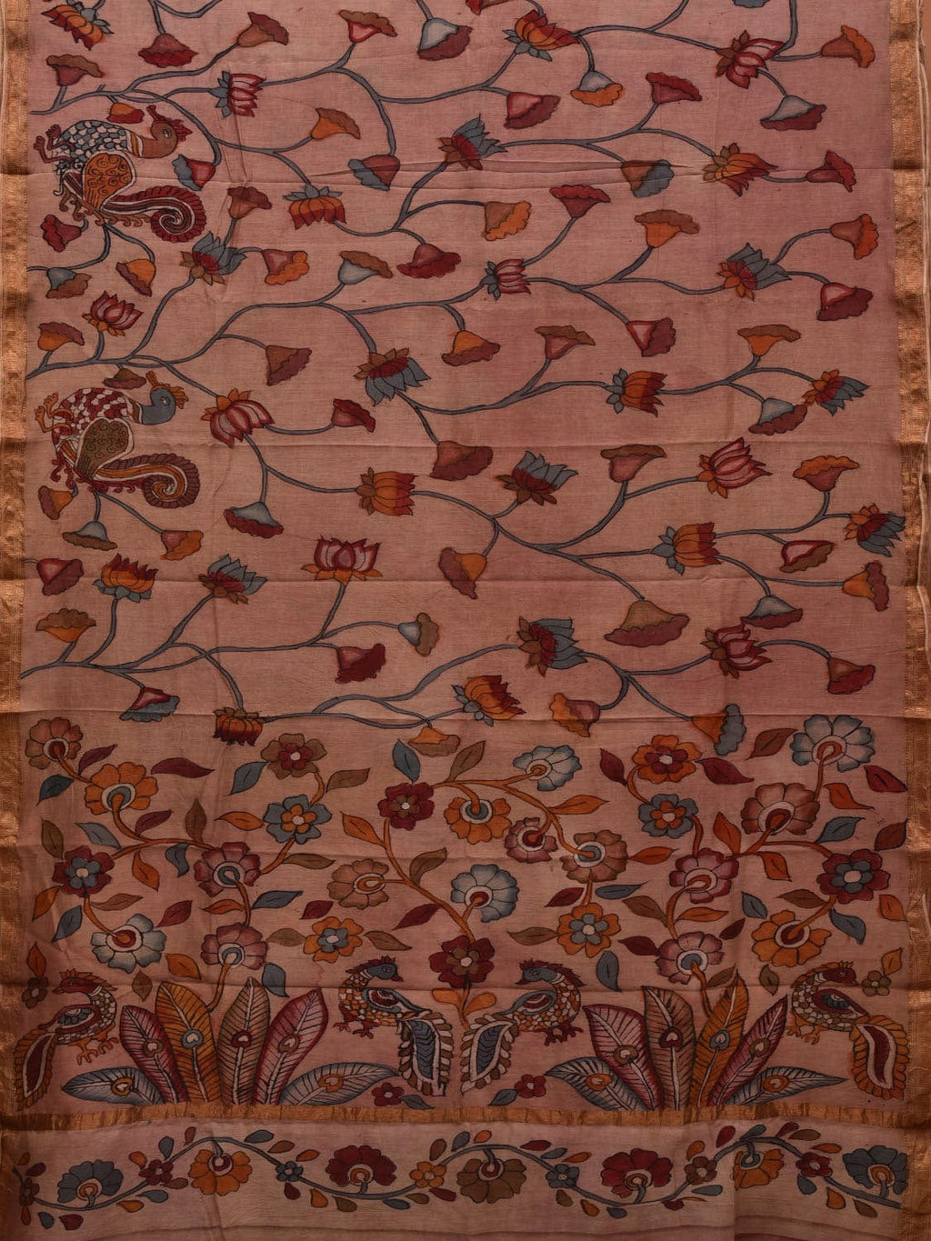 Cream Kalamkari Hand Painted Silk Muga Handloom Saree with Lotus and Birds Design - Global Threads