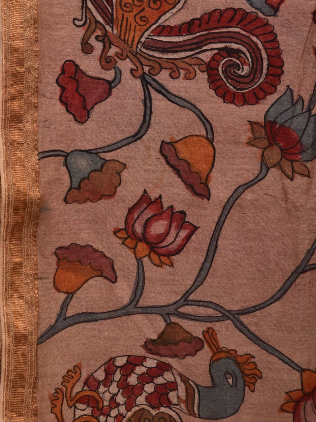 Cream Kalamkari Hand Painted Silk Muga Handloom Saree with Lotus and Birds Design - Global Threads