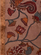 Cream Kalamkari Hand Painted Silk Muga Handloom Saree with Lotus and Birds Design - Global Threads