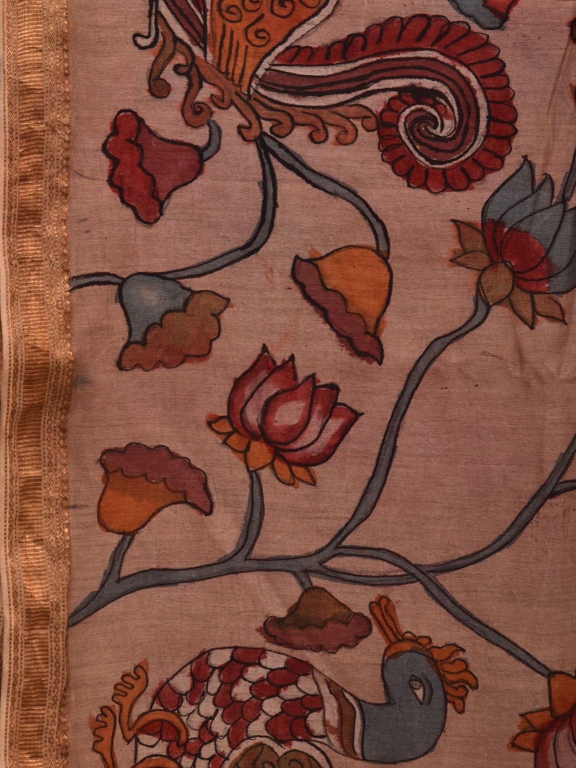 Cream Kalamkari Hand Painted Silk Muga Handloom Saree with Lotus and Birds Design - Global Threads