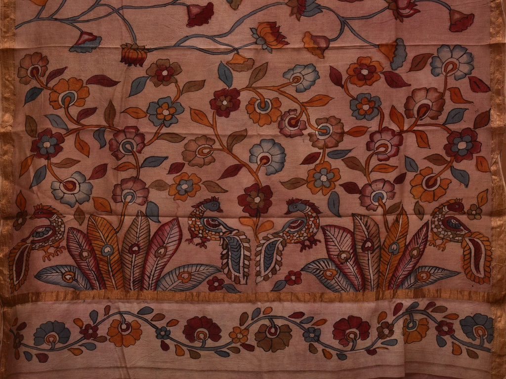 Cream Kalamkari Hand Painted Silk Muga Handloom Saree with Lotus and Birds Design - Global Threads