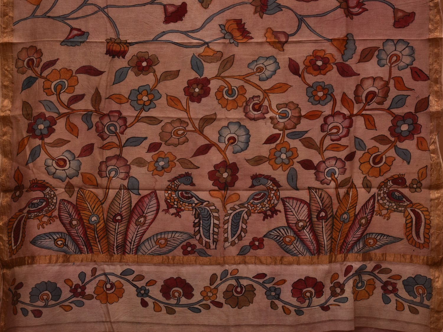 Cream Kalamkari Hand Painted Silk Muga Handloom Saree with Lotus and Birds Design - Global Threads
