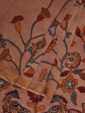 Cream Kalamkari Hand Painted Silk Muga Handloom Saree with Lotus and Birds Design - Global Threads