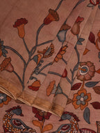 Cream Kalamkari Hand Painted Silk Muga Handloom Saree with Lotus and Birds Design - Global Threads