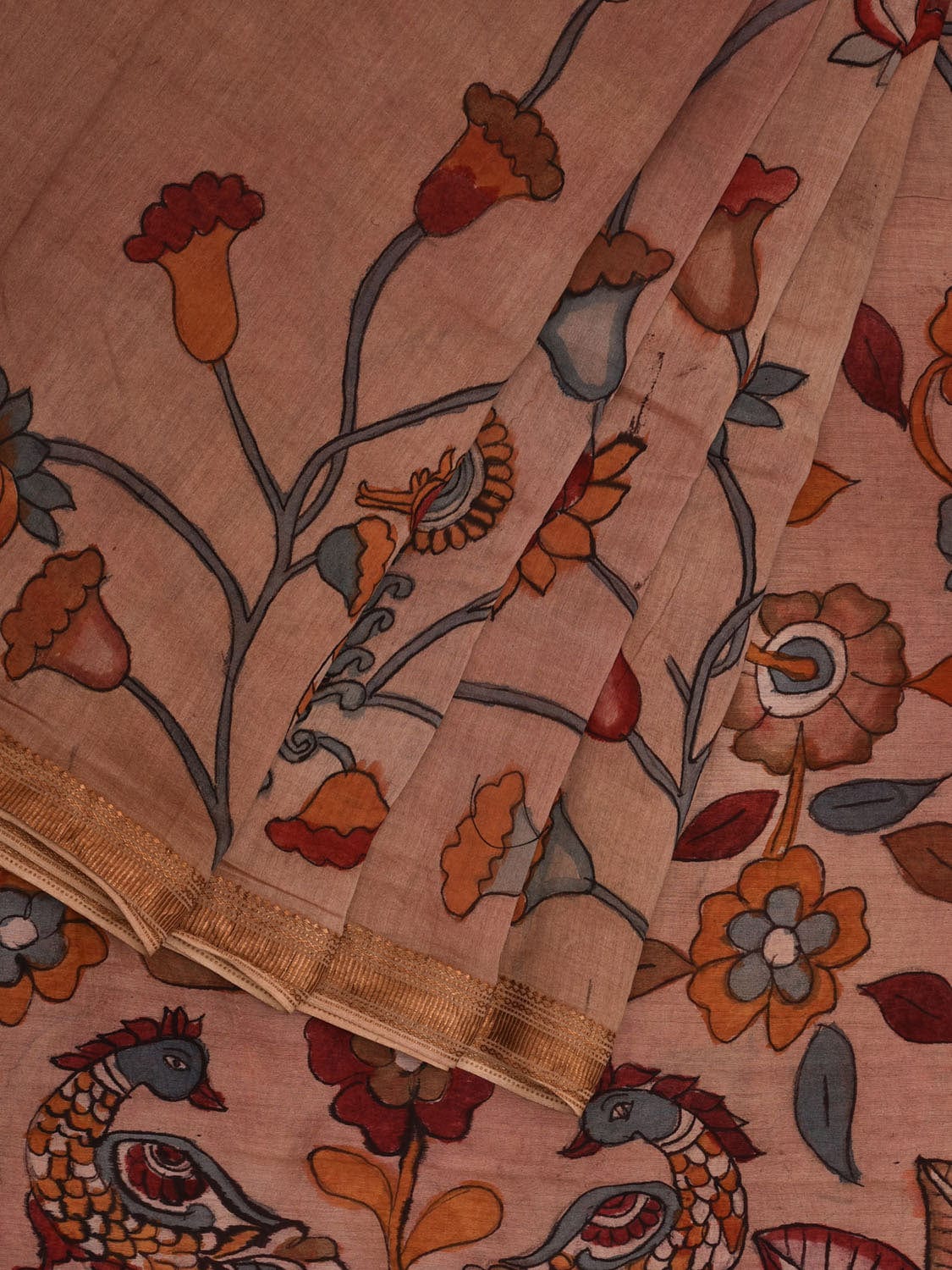 Cream Kalamkari Hand Painted Silk Muga Handloom Saree with Lotus and Birds Design - Global Threads